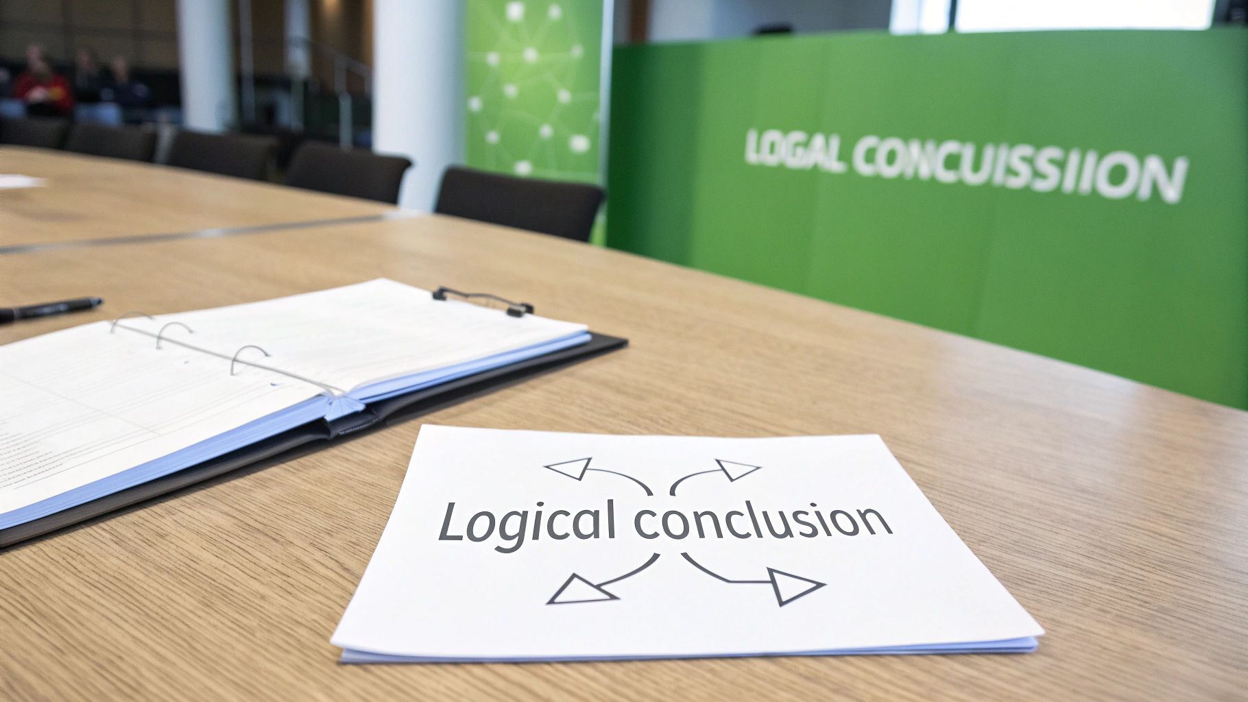 Logical conclusion note on wooden desk with clipboard and green presentation board background