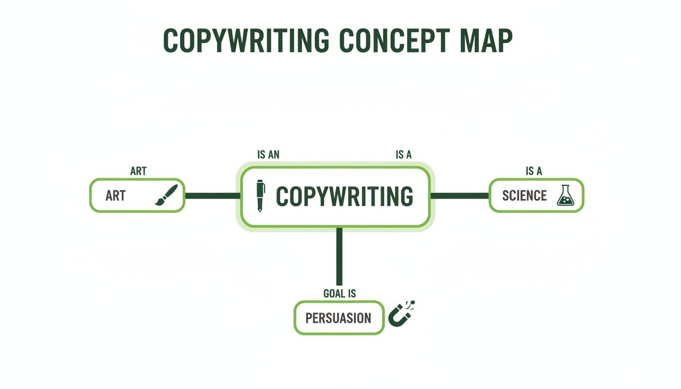 A clear concept map defining copywriting as an art and a science, with the goal of persuasion.