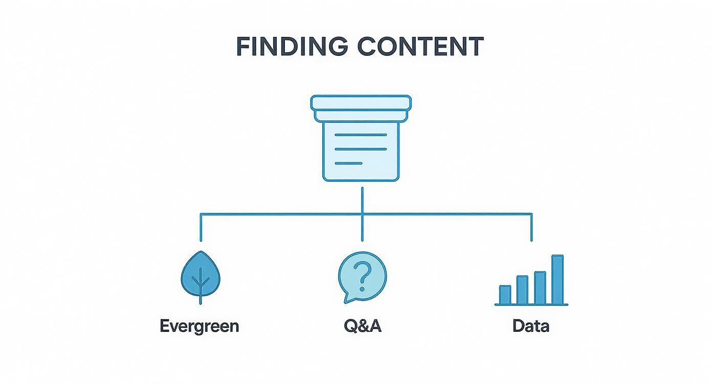 Infographic showing how a pillar page can be a source for evergreen content, questions, and data.