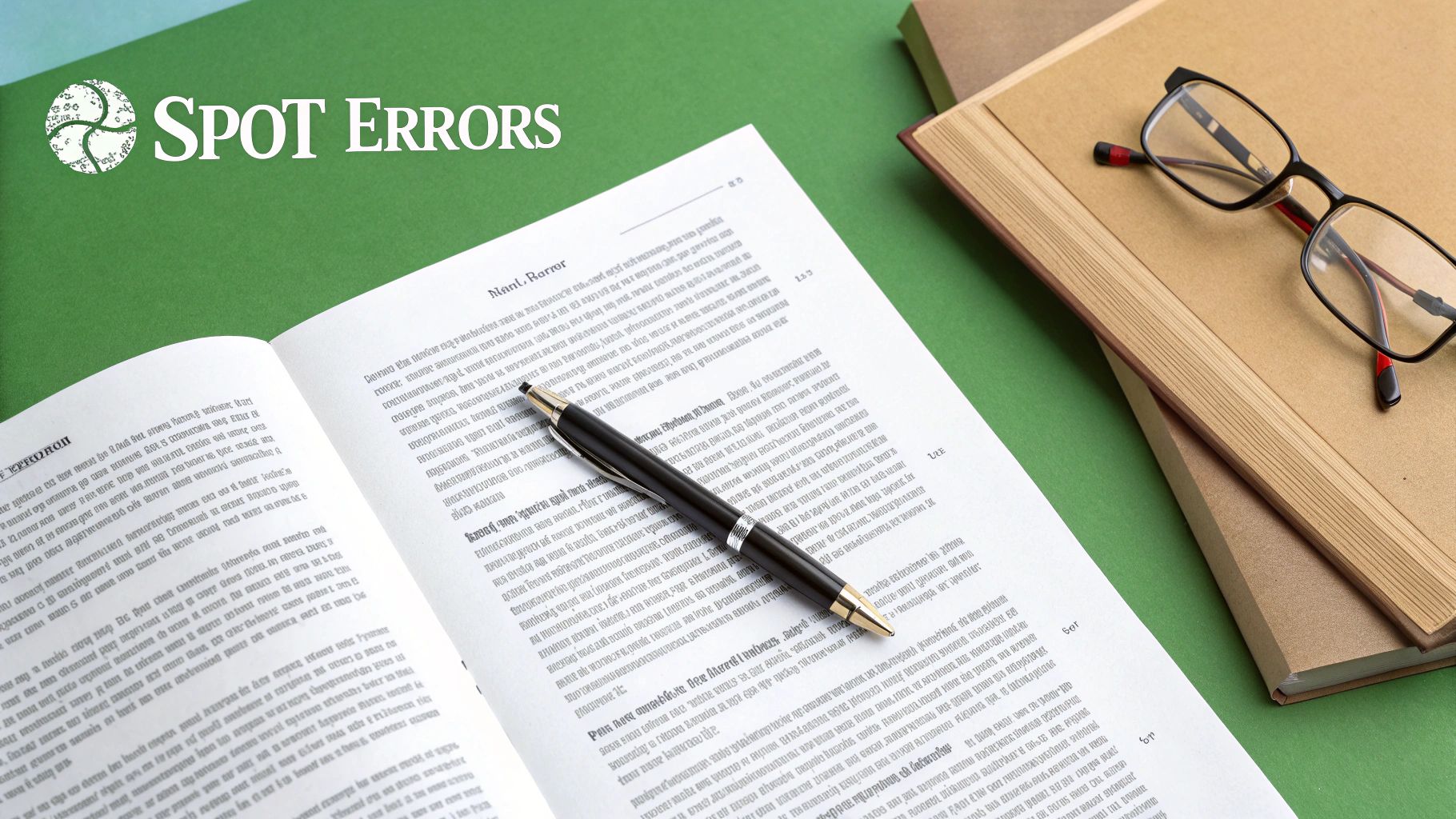 An open book with a pen, reading glasses on stacked books, and a 'SPOT ERRORS' logo on a green desk.