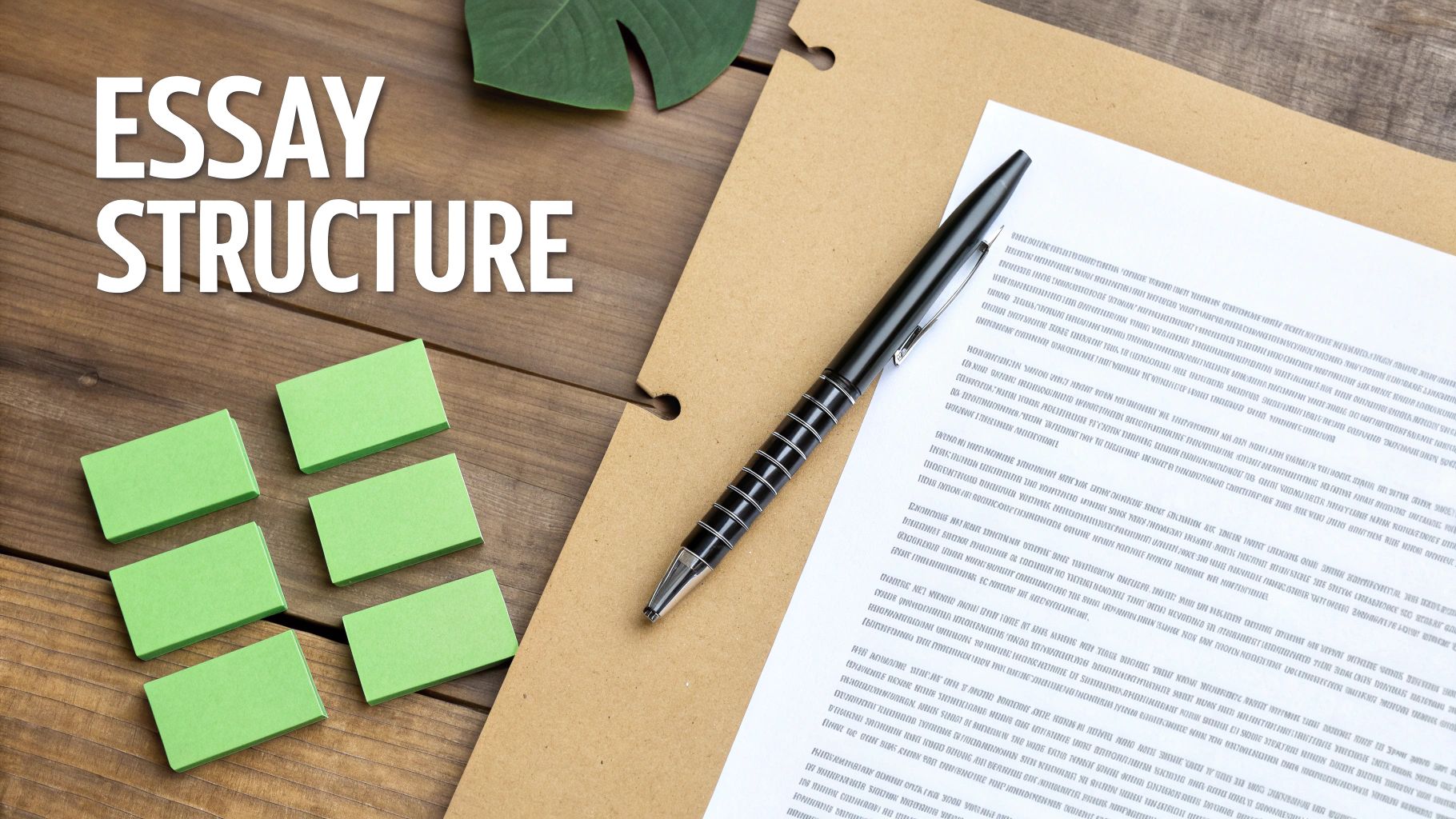 An overhead shot of a wooden desk with 'ESSAY STRUCTURE' text, a pen, paper, and green sticky notes.