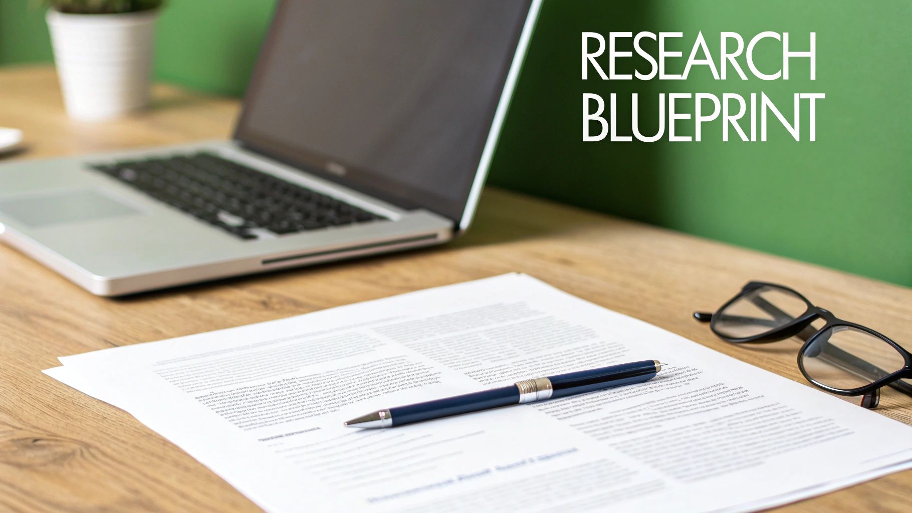 A desk setup with a laptop, documents, pen, and glasses, featuring 'RESEARCH BLUEPRINT' text.