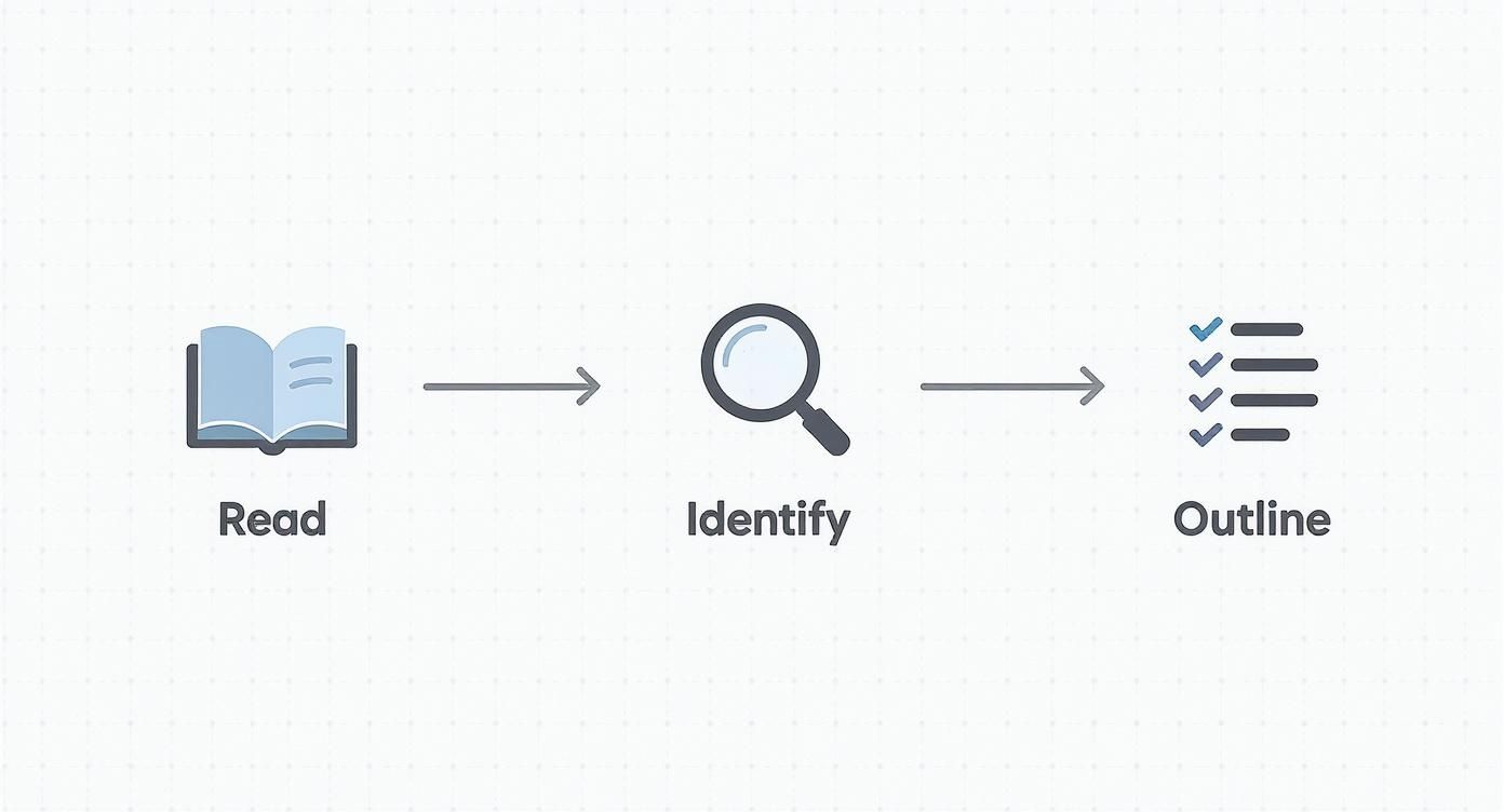 A three-step process diagram showing Read (book), Identify (magnifying glass), and Outline (checklist).