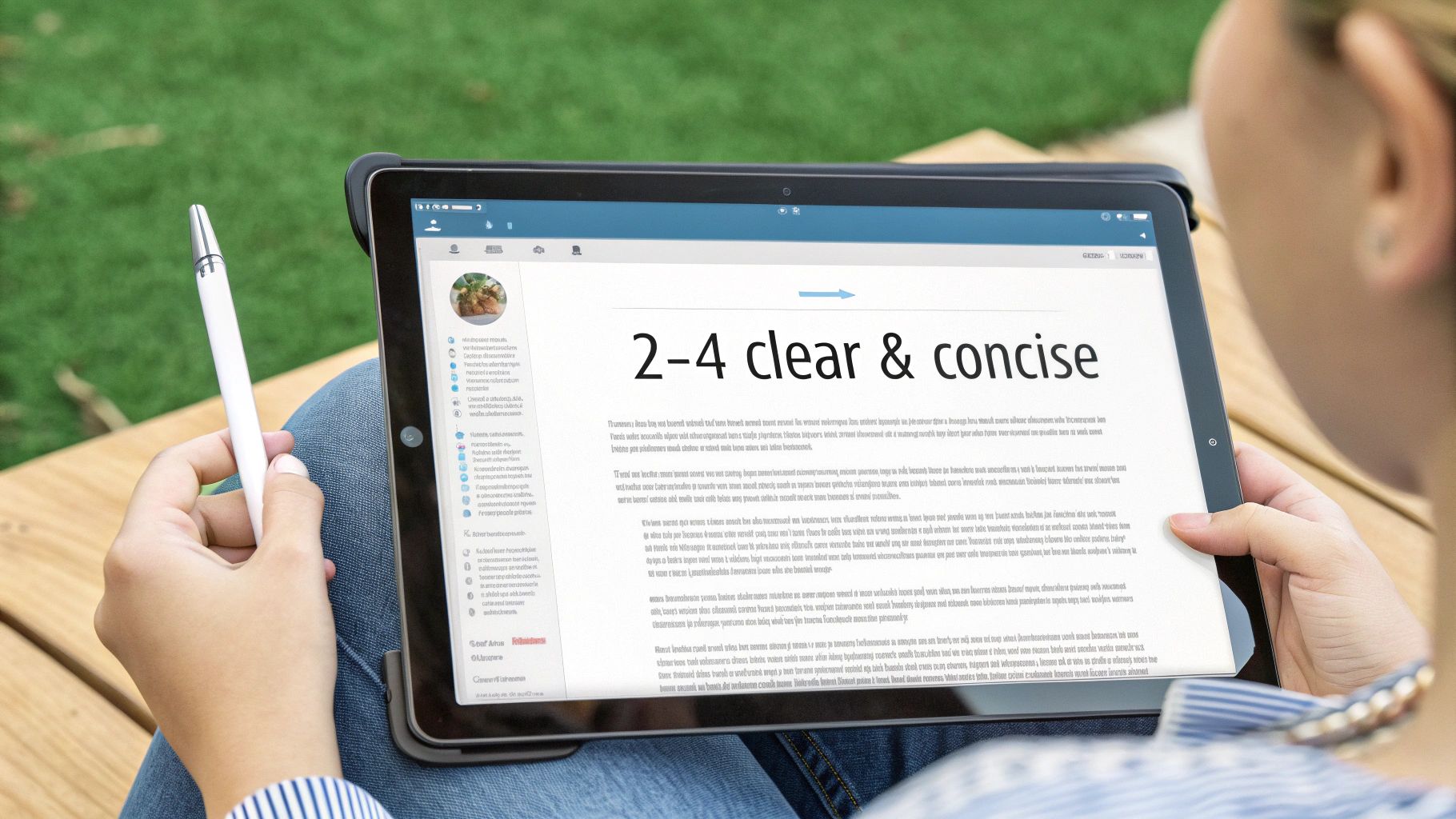 Person outdoors holding a tablet and stylus, viewing a document on screen with '2-4 clear & concise' text.