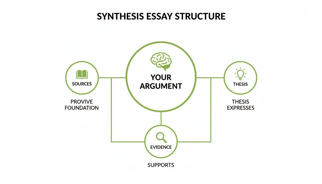 A diagram illustrates the synthesis essay structure, showing how sources, evidence, and thesis relate to your central argument.