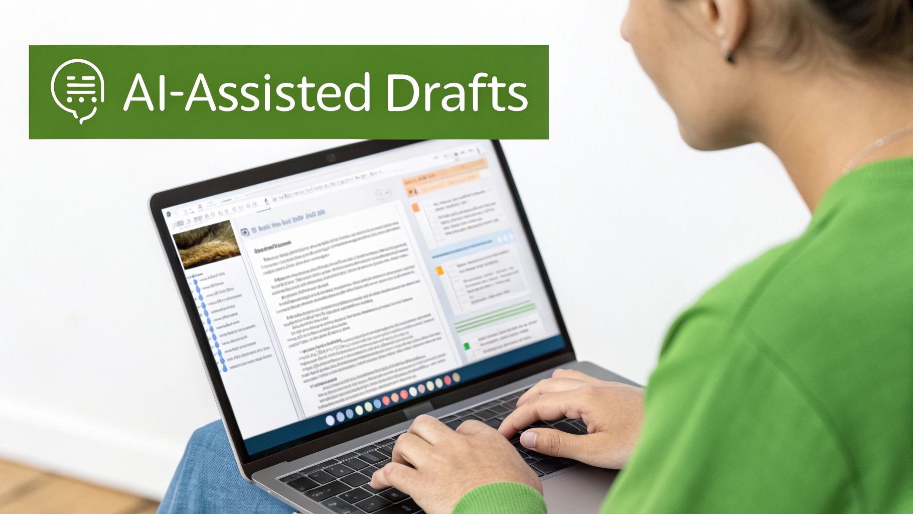 A person types on a laptop, viewing a screen with text. A green banner says 'AI-Assisted Drafts'.