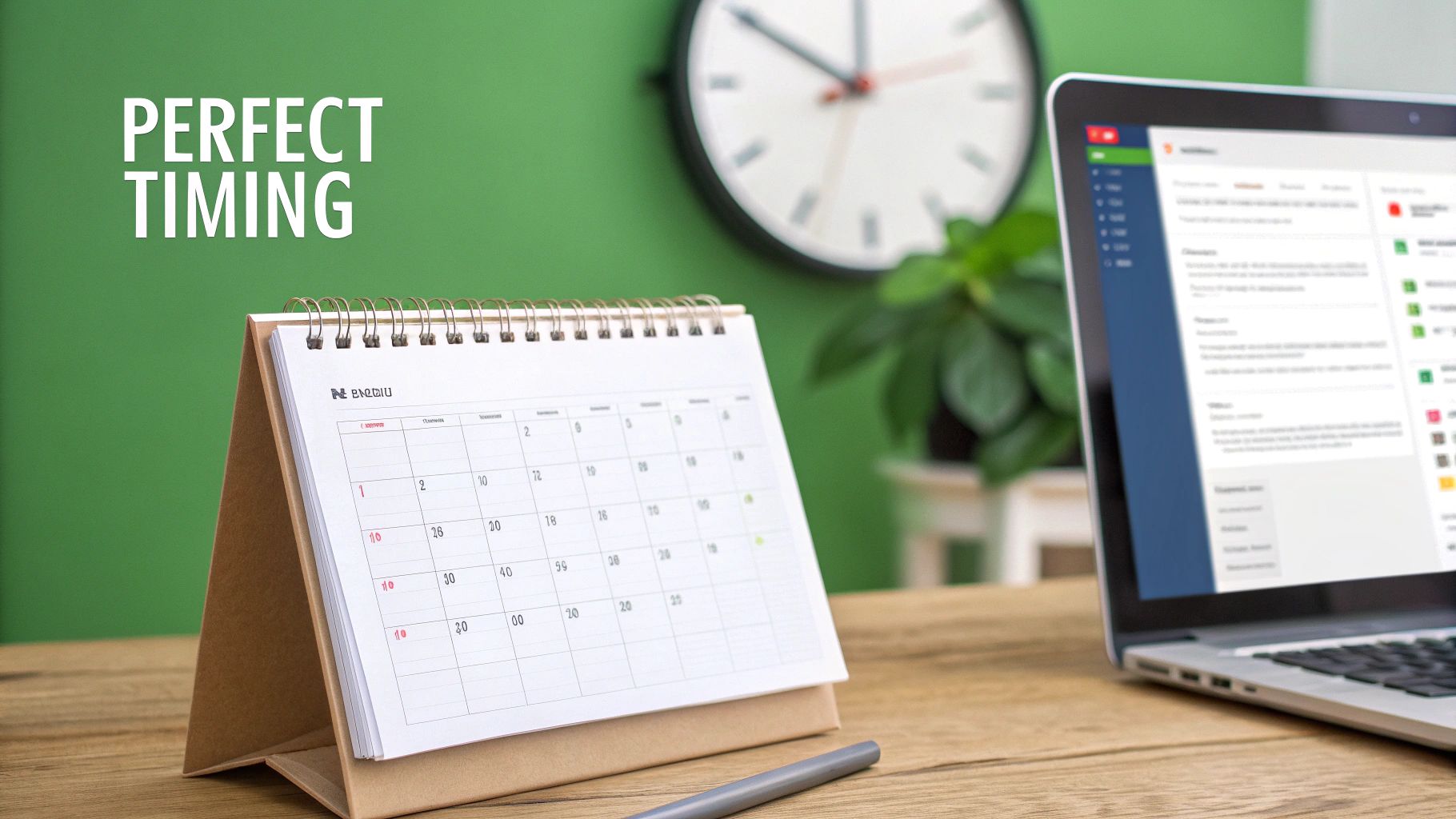 A desk with a calendar, laptop, and clock in the background, emphasizing perfect timing and scheduling.