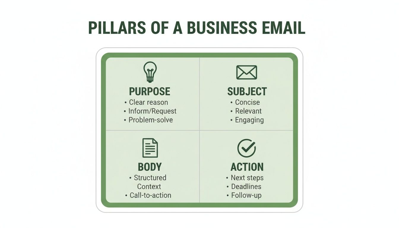 An infographic detailing the four pillars of a business email: Purpose, Subject, Body, and Action.