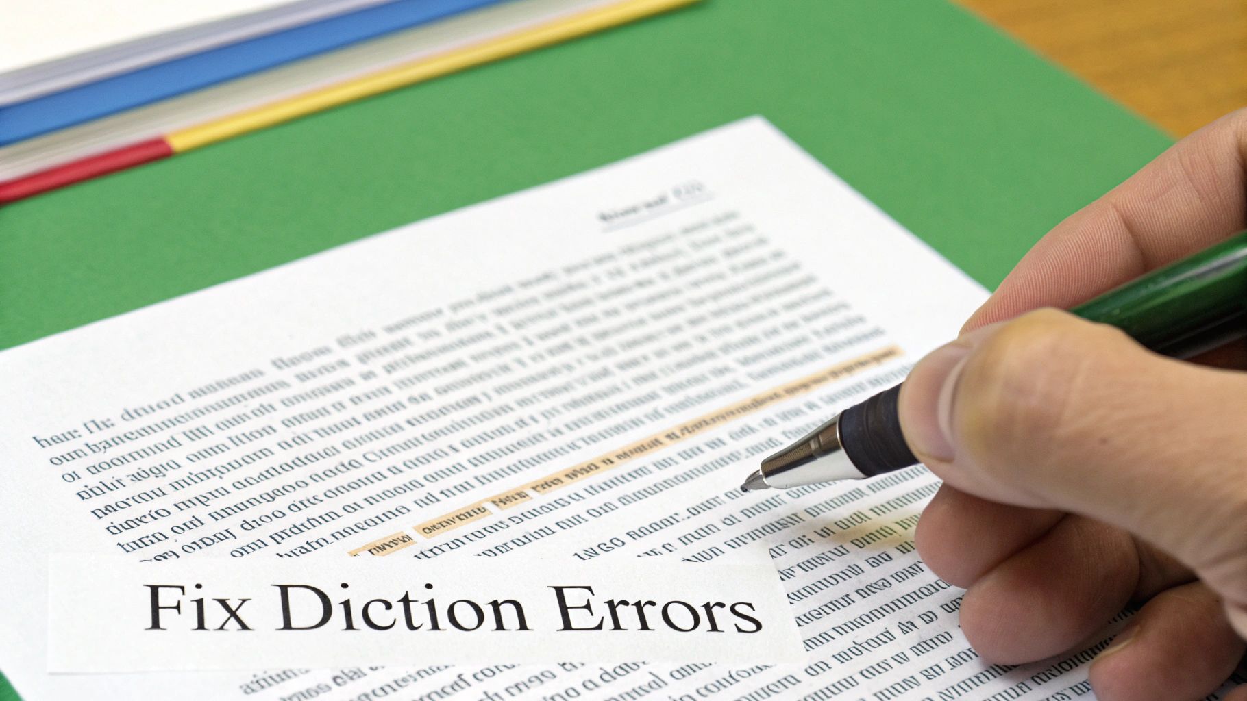 A hand holds a green pen, highlighting text on a document that reads 'Fix Diction Errors'.