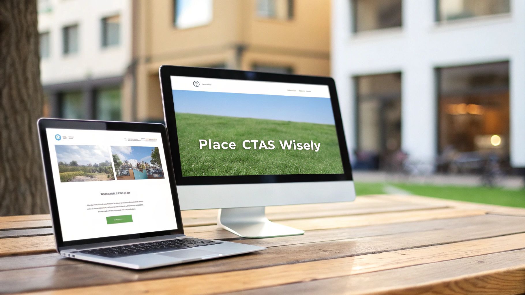 Laptop and desktop computer displaying call to action placement strategies on outdoor wooden table