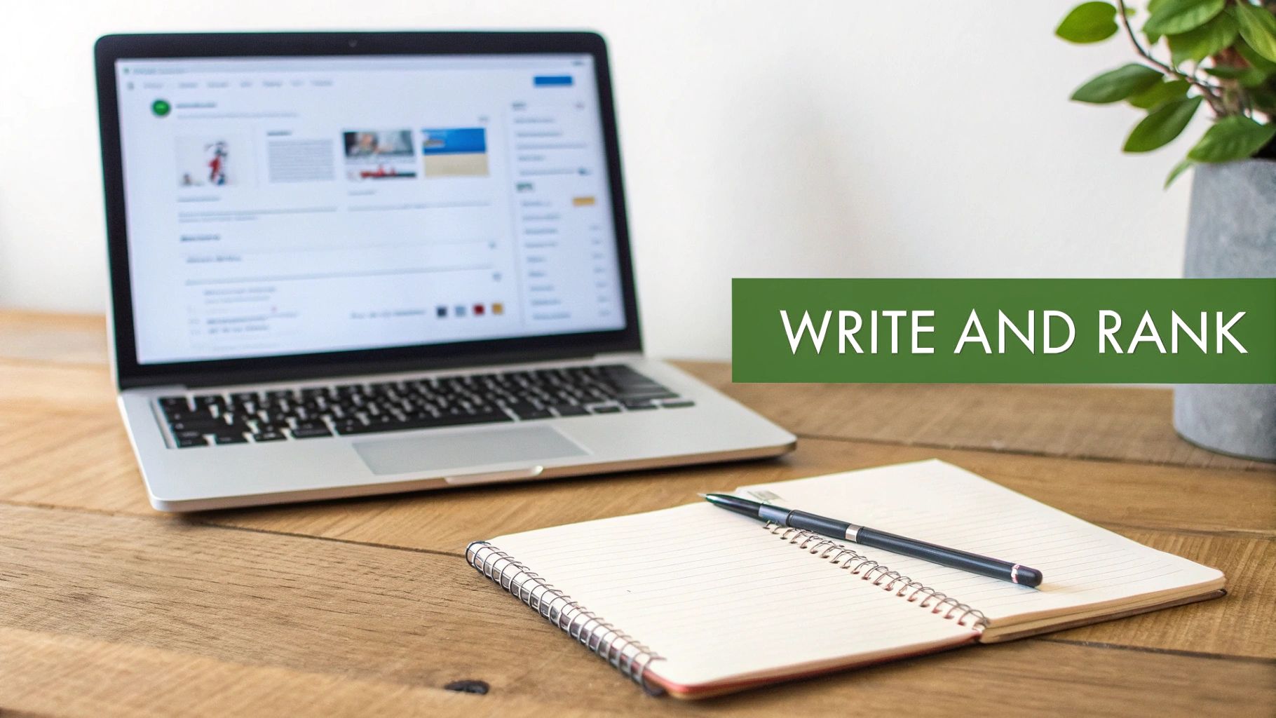 A laptop, open notebook with a pen, and a plant on a wooden desk, with text 'WRITE AND RANK'.