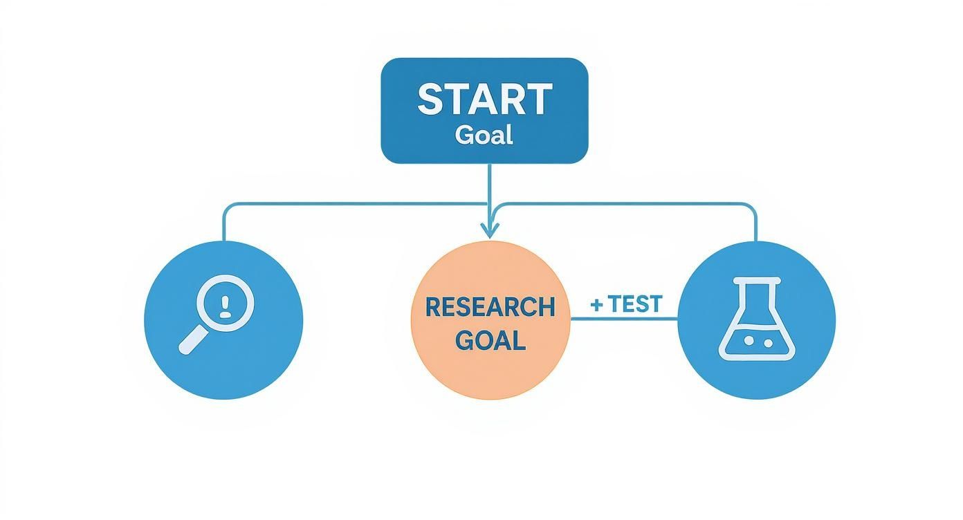 Flowchart illustrating a research process, from a start goal to research and testing phases.