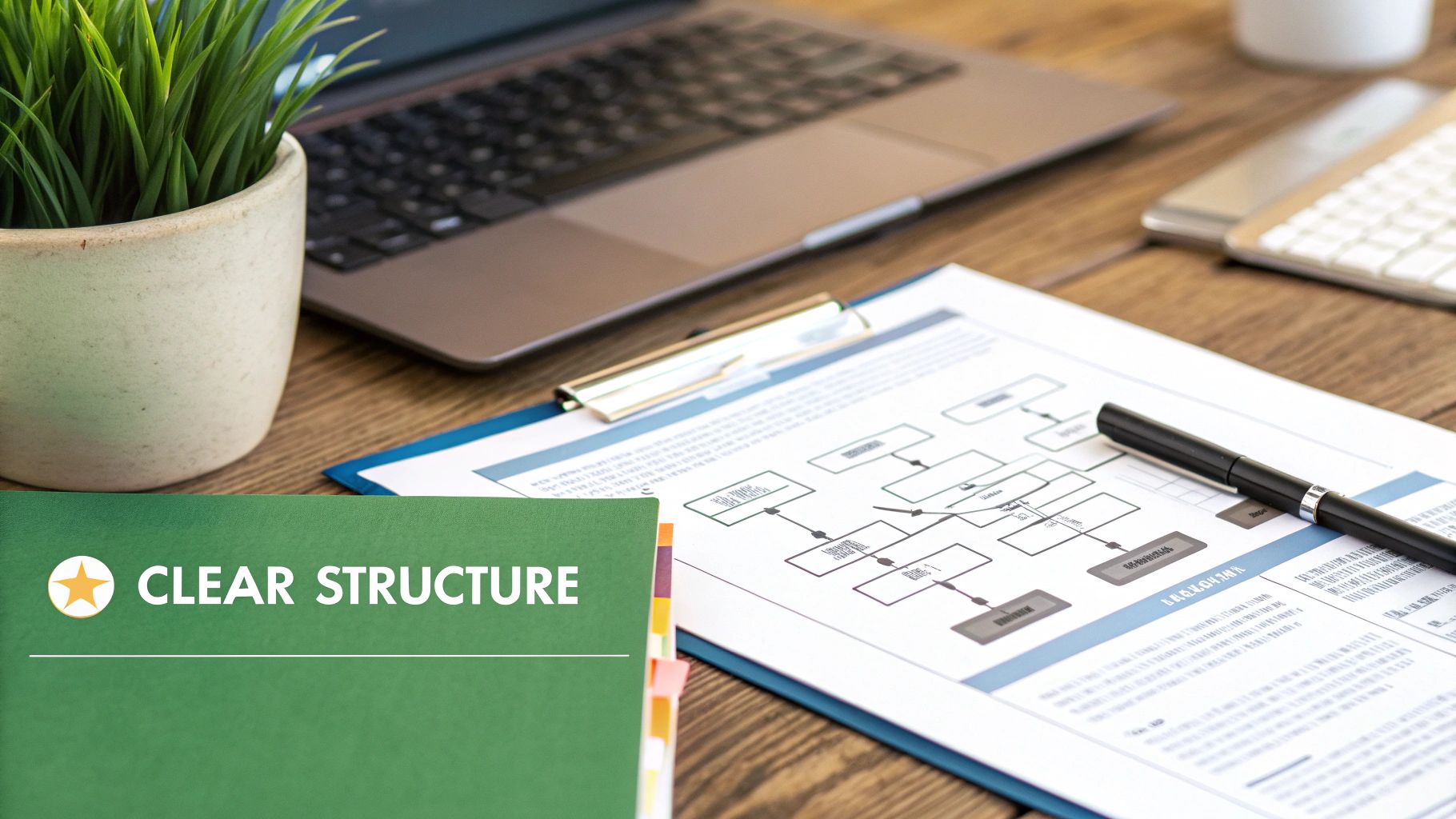 A professional desk setup with a laptop, documents, a flowchart, and a green folder labeled 'Clear Structure'.