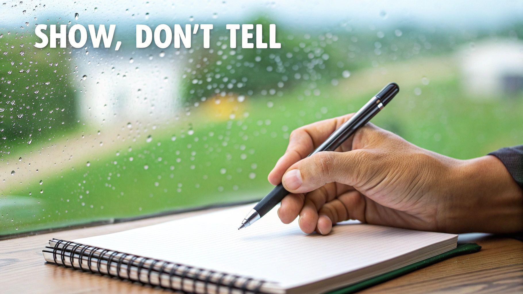 A hand writes in a notebook by a rainy window, with 'SHOW, DON'T TELL' text.