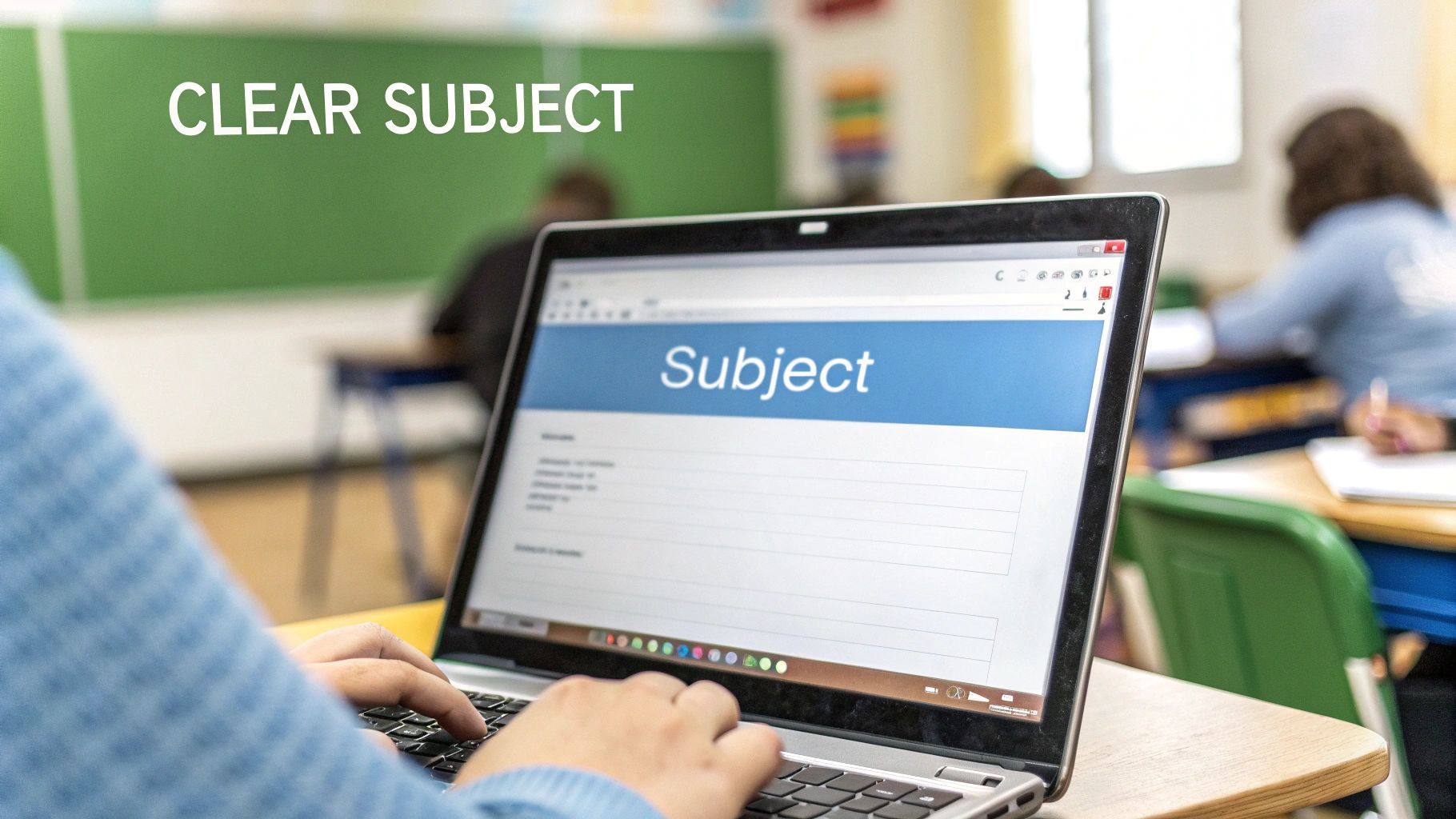 A student in a classroom typing on a laptop, composing an email with 'Subject' visible.