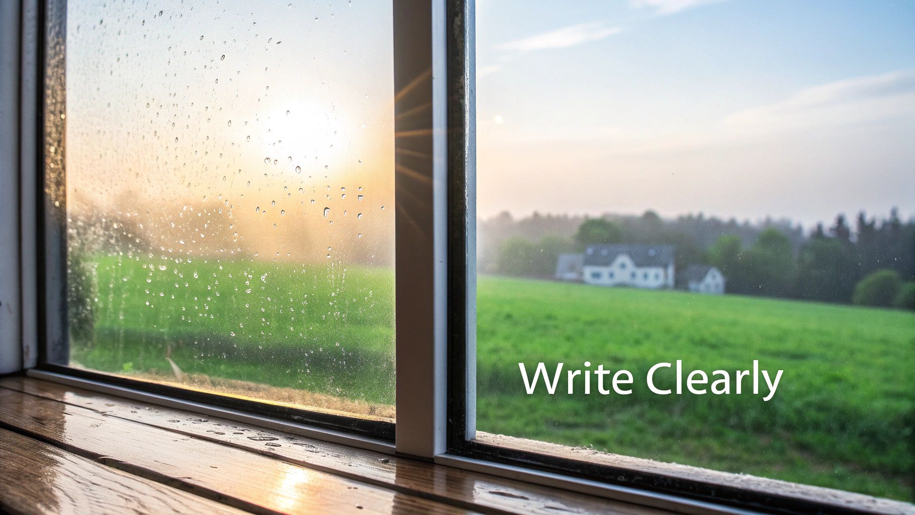 Window showing blurry rain on the left, contrasting with a clear landscape and 'Write Clearly' text on the right.