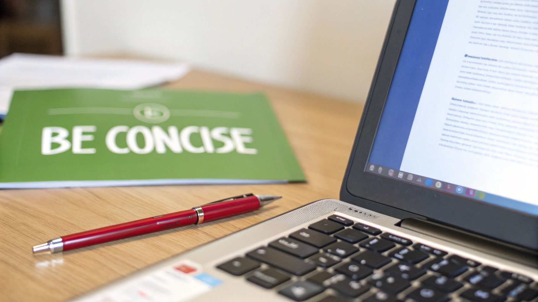 A laptop, a red pen, and a green folder with "BE CONCISE" on it, on a wooden desk.