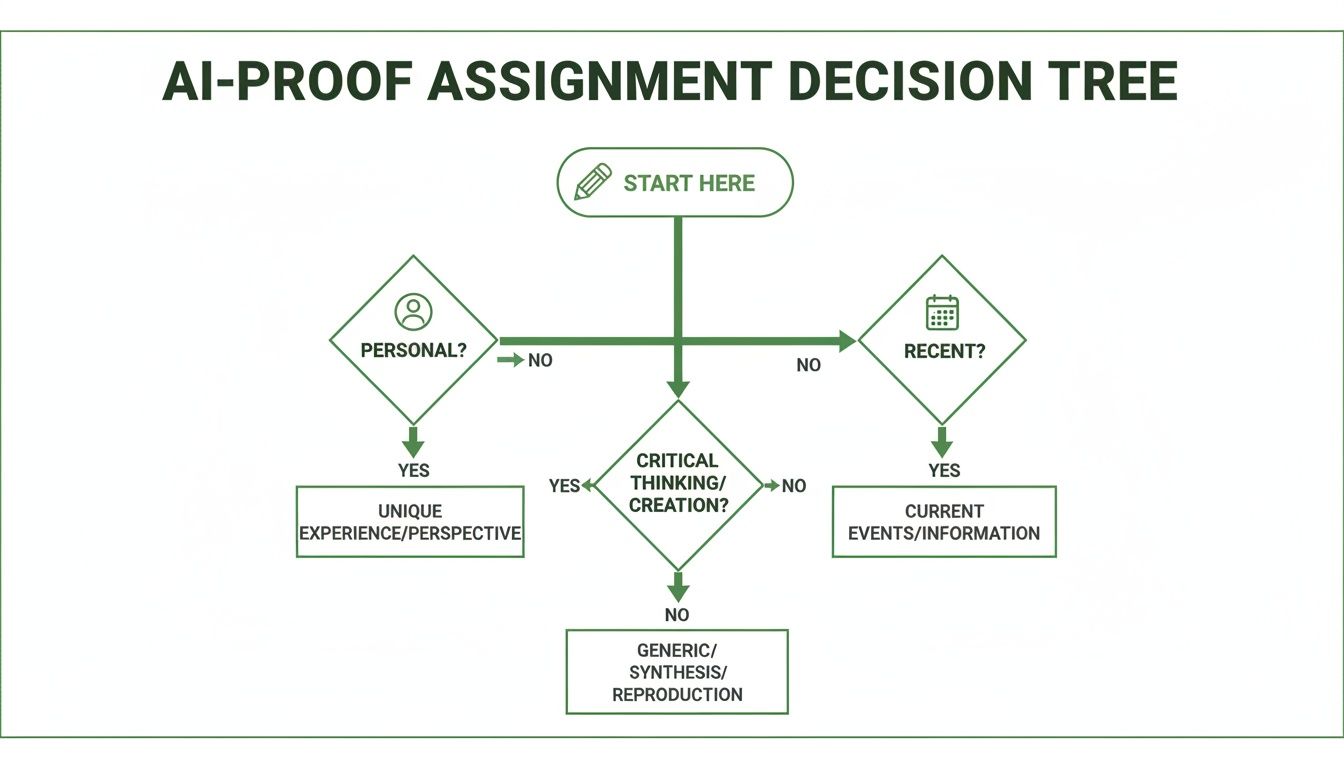 A decision tree flowchart titled 'AI-Proof Assignment Decision Tree' for creating unique assignments.