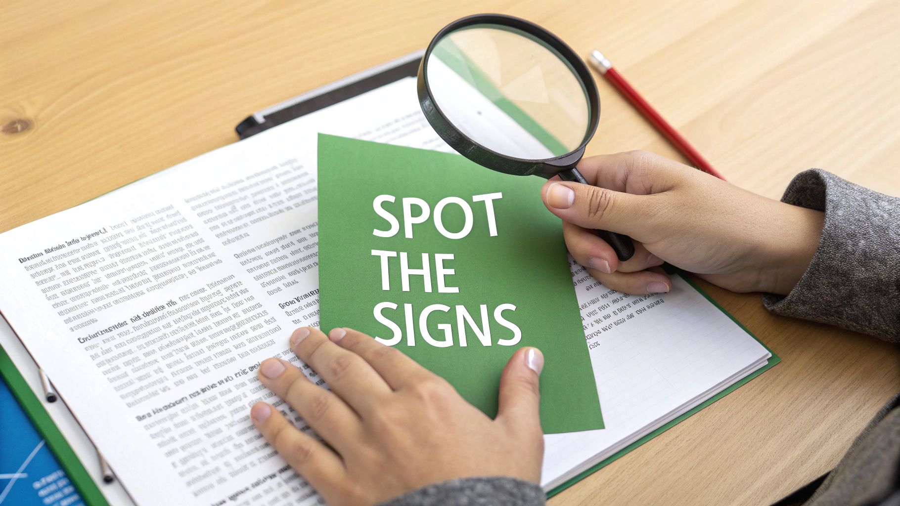 A close-up image of a person's eye reflecting lines of text from a screen, symbolizing careful manual analysis of content.