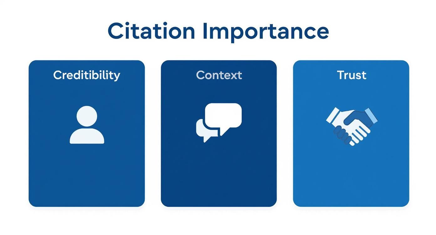 Infographic displaying the importance of citations: credibility, context, and trust, each with a relevant icon.