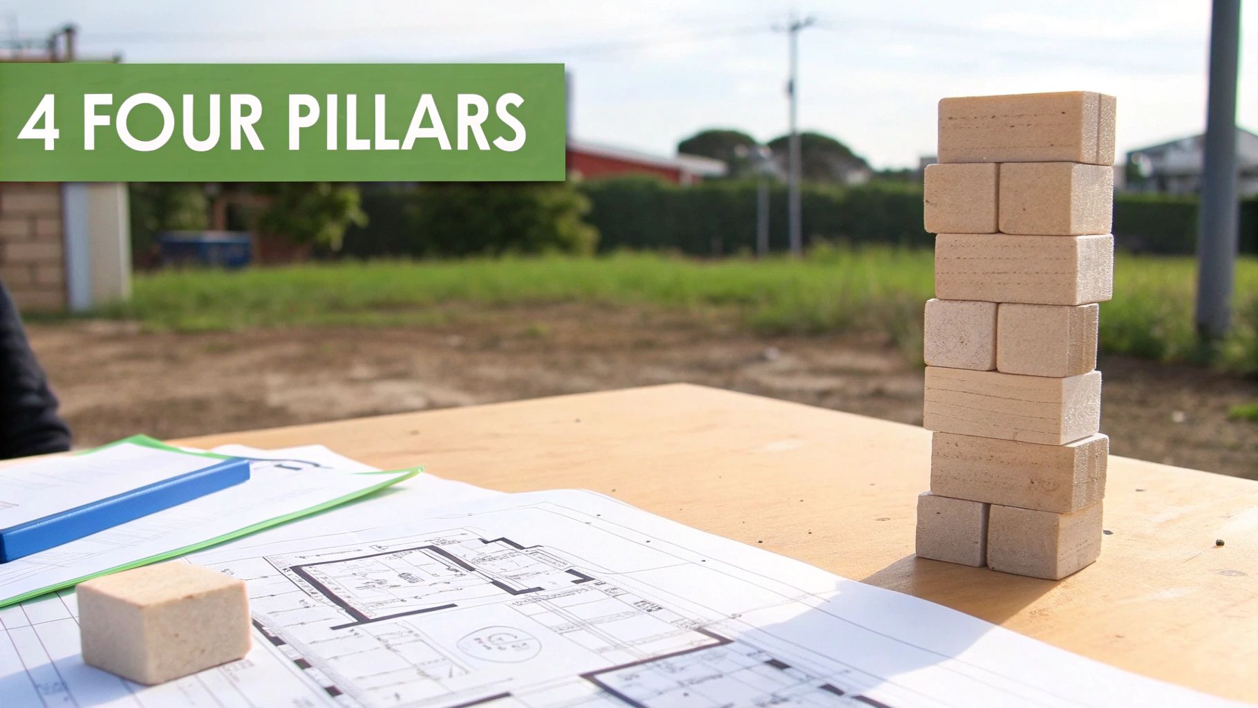 Architectural blueprints and building blocks on a table, symbolizing construction planning and foundational pillars.