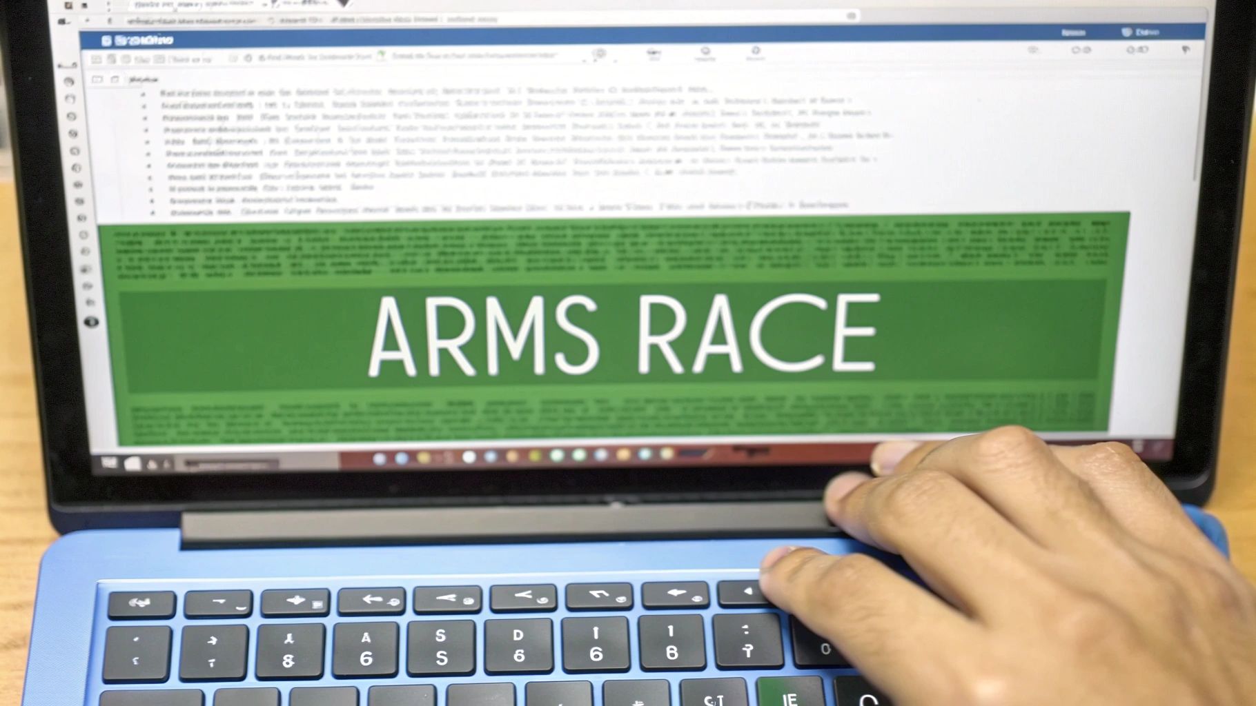 A person's hand typing on a blue laptop screen displaying 'ARMS RACE' on a green background.