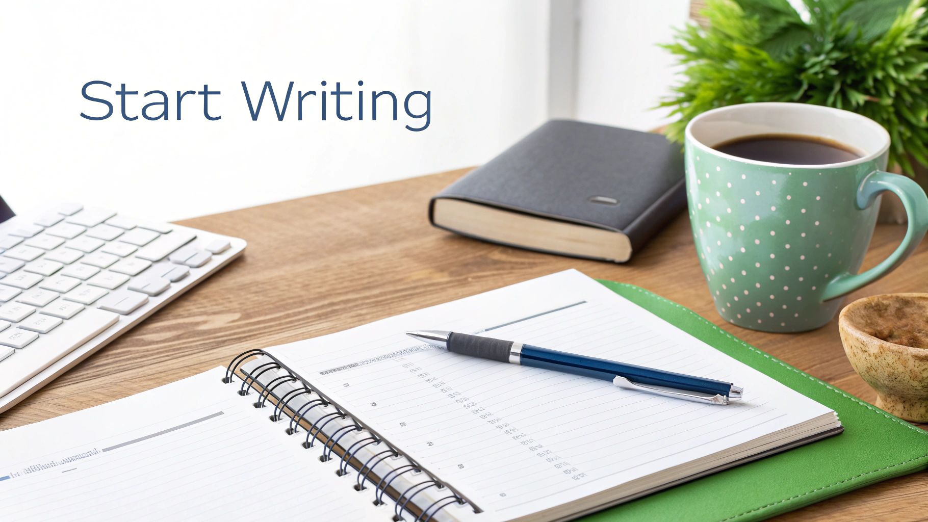 A wooden desk with a notebook, pen, coffee mug, keyboard, and plant, with 'Start Writing' text.