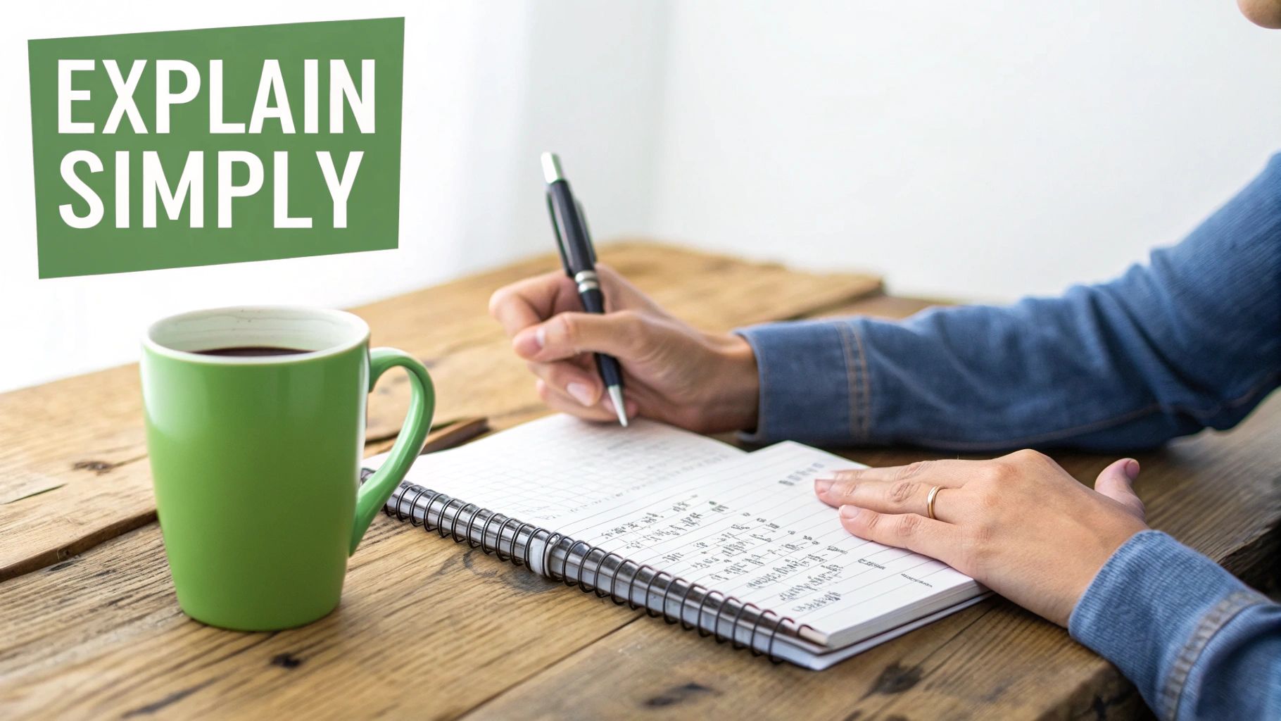 A person writing in a spiral notebook next to a green coffee mug on a wooden desk with a sign saying 'EXPLAIN SIMPLY'.