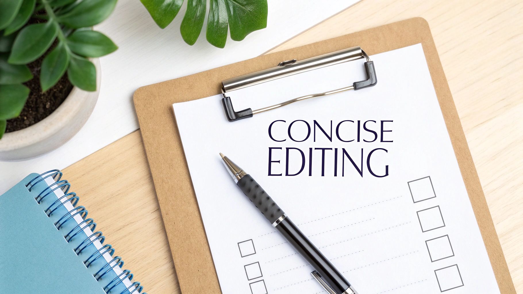 A top-down view of a clipboard with "CONCISE EDITING" on paper, a pen, and checkboxes.