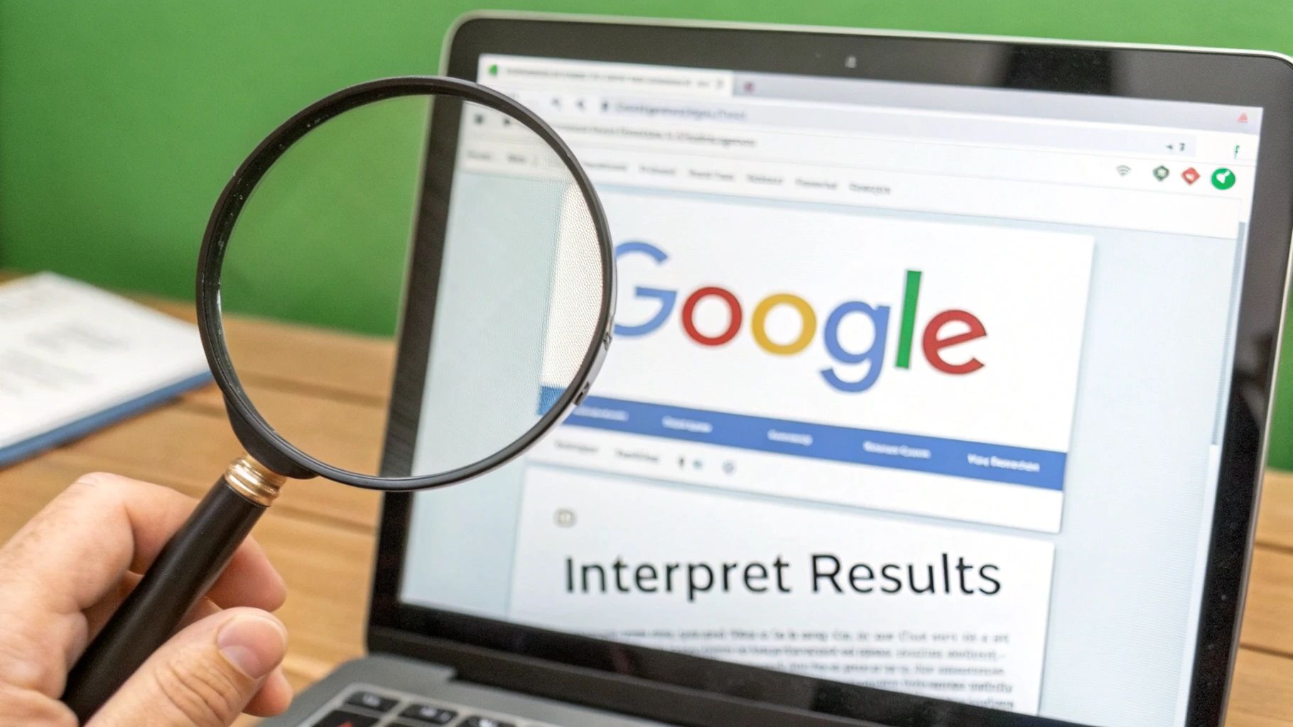 A hand holds a magnifying glass over a laptop screen displaying the Google search page with "Interpret Results".