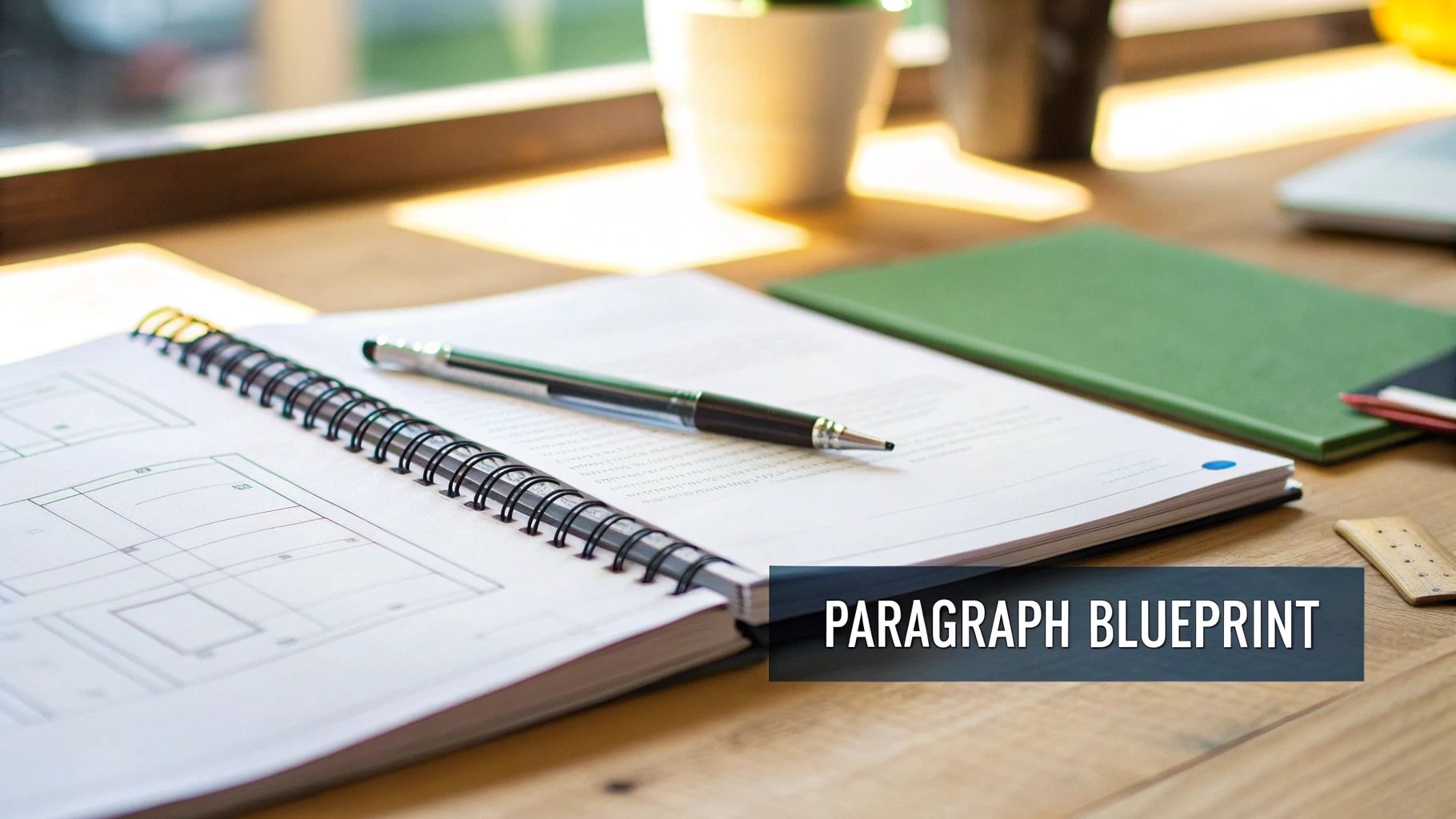 A black pen on an open spiral notebook with 'PARAGRAPH BLUEPRINT' text on a wooden desk.