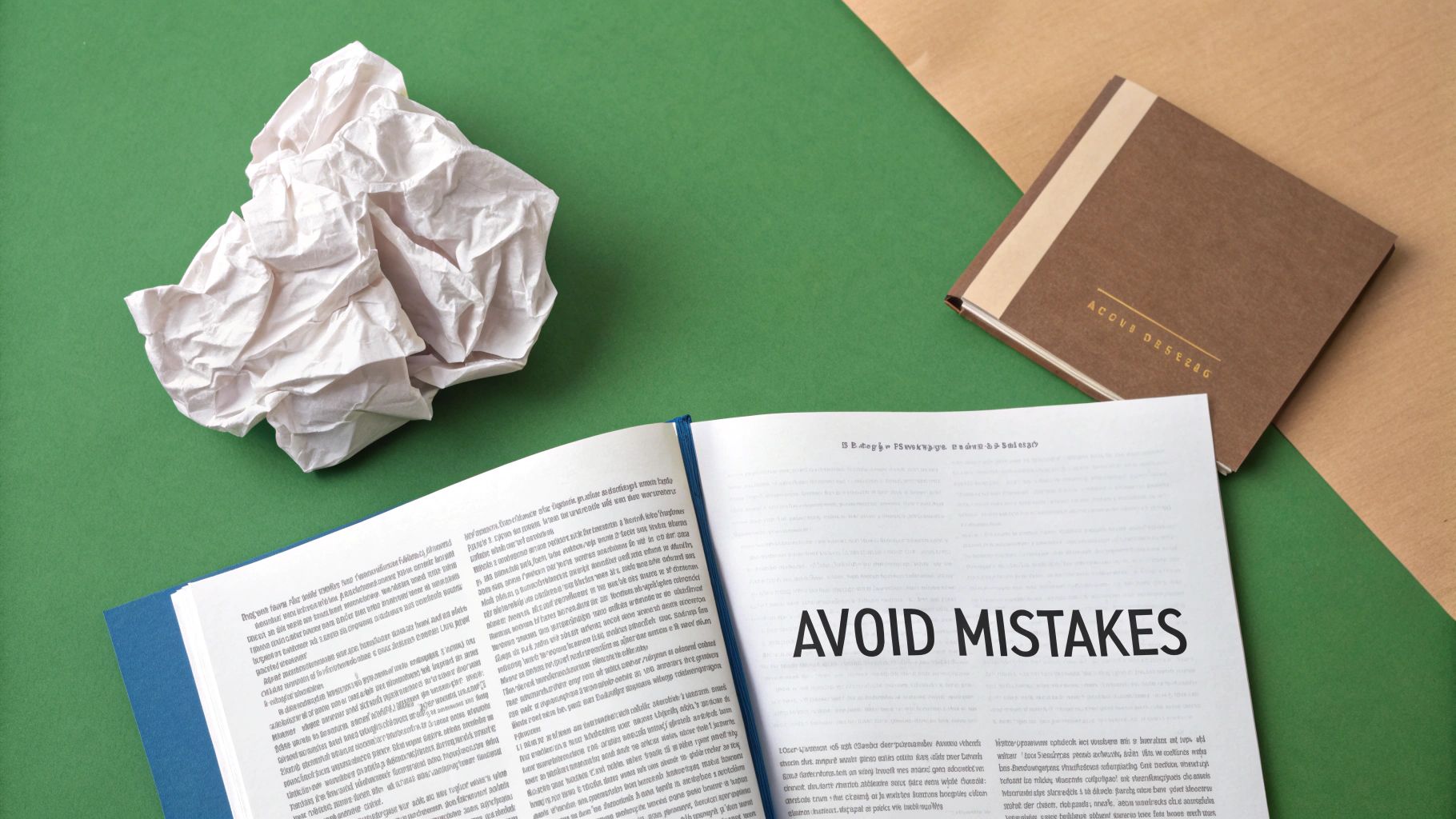 Crumpled paper, an open book displaying 'AVOID MISTAKES', and a closed notebook on a two-tone background.