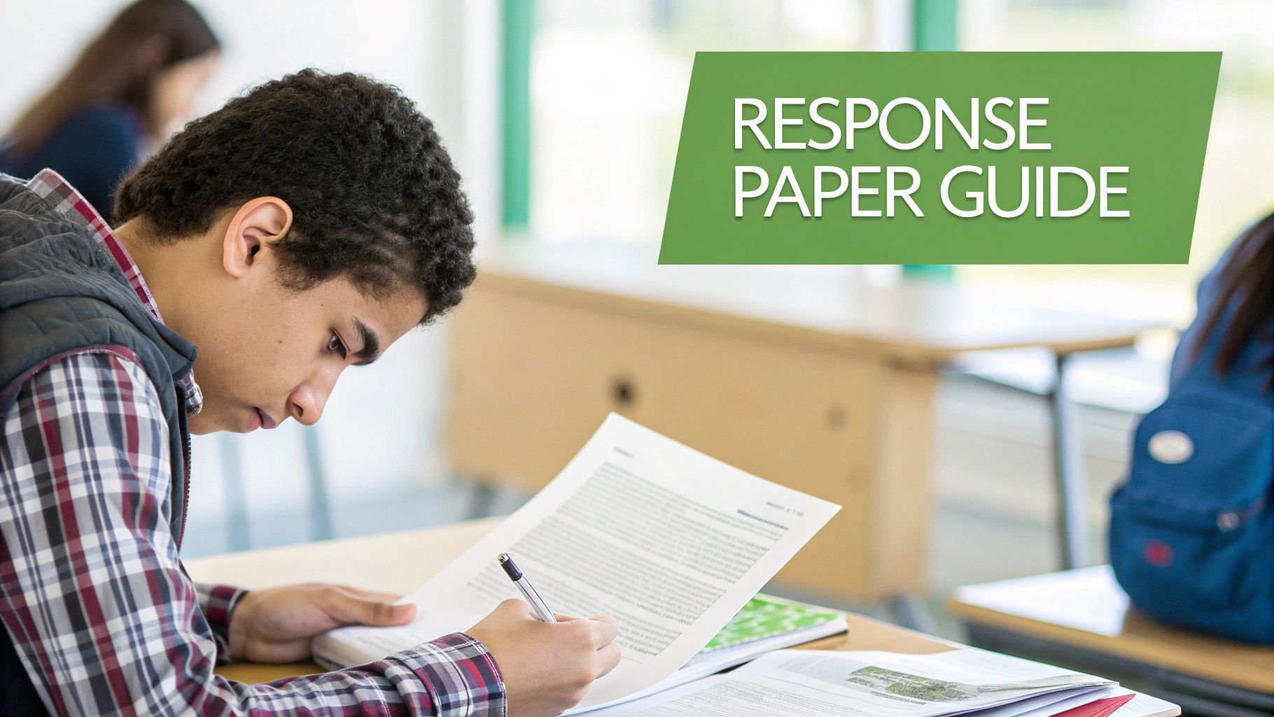 A student focused on writing a response paper at a desk, with a 'RESPONSE PAPER GUIDE' overlay.