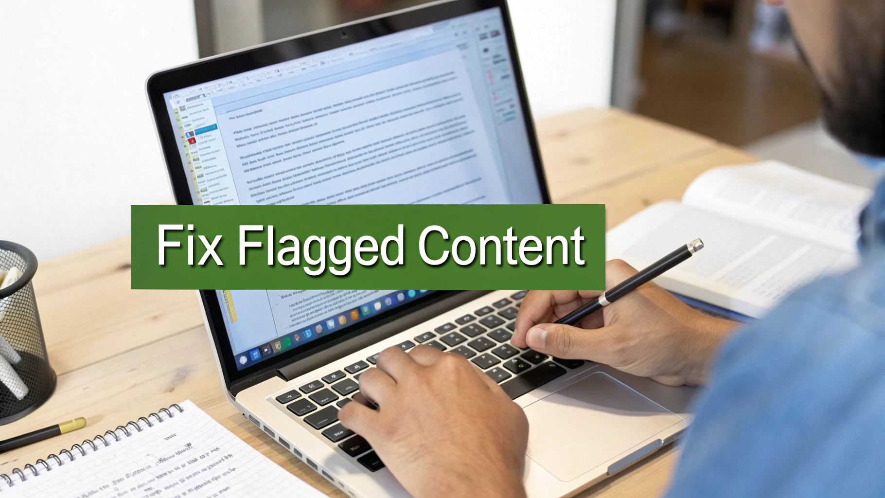 A person using a laptop with icons for editing, paraphrasing, and citing floating around, representing the process of fixing flagged content.
