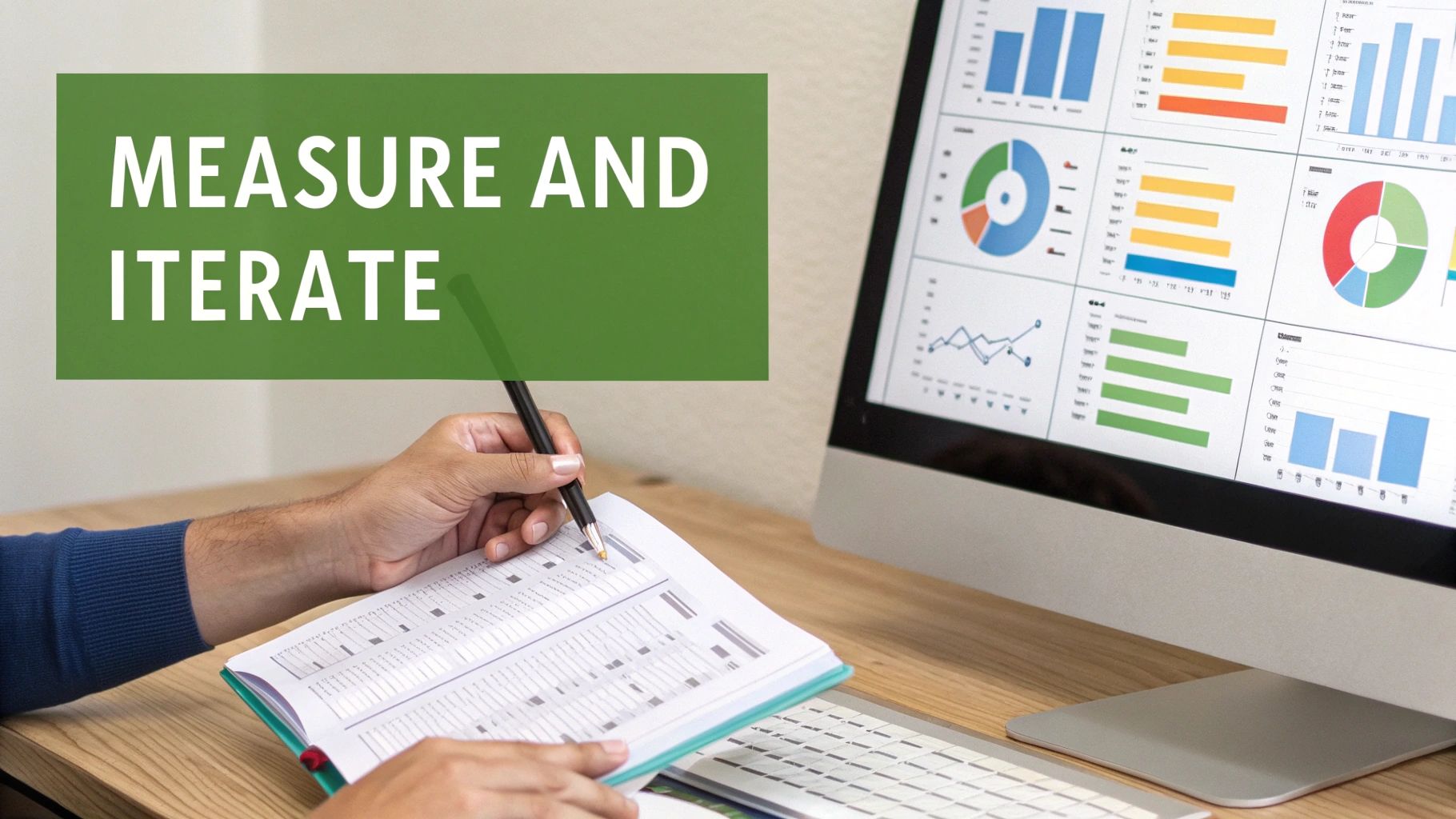 A person at a desk with a laptop, looking thoughtfully at a wall of sticky notes, symbolizing the process of refining a marketing plan by asking questions.