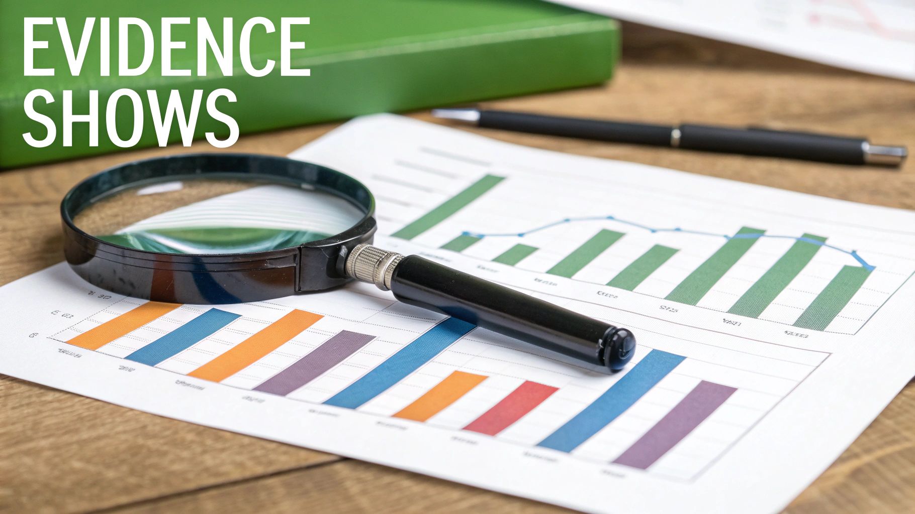 Magnifying glass and pen on financial reports with charts, emphasizing 'EVIDENCE SHOWS'.