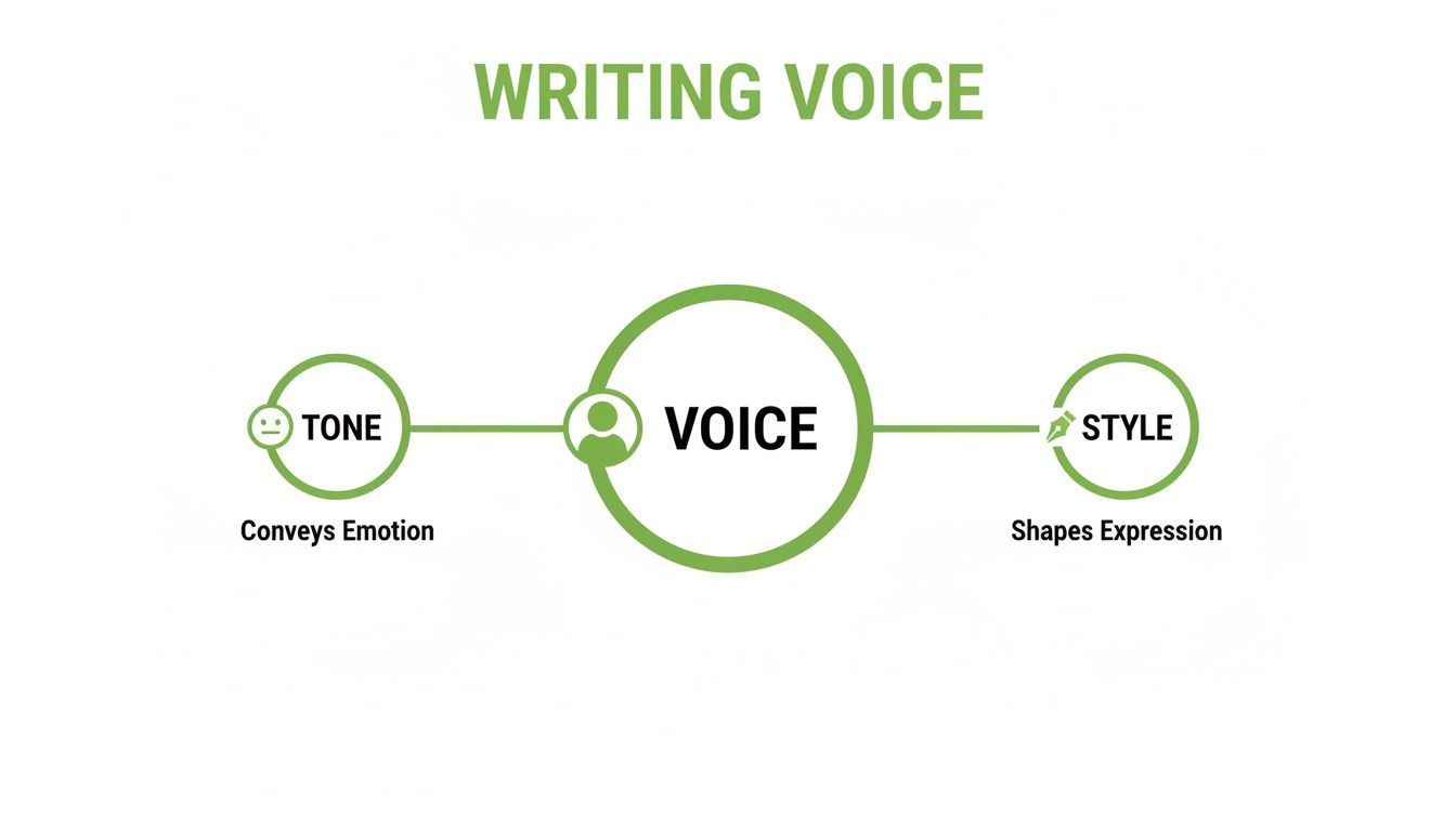 Diagram illustrating writing voice breakdown into tone (conveys emotion) and style (shapes expression).