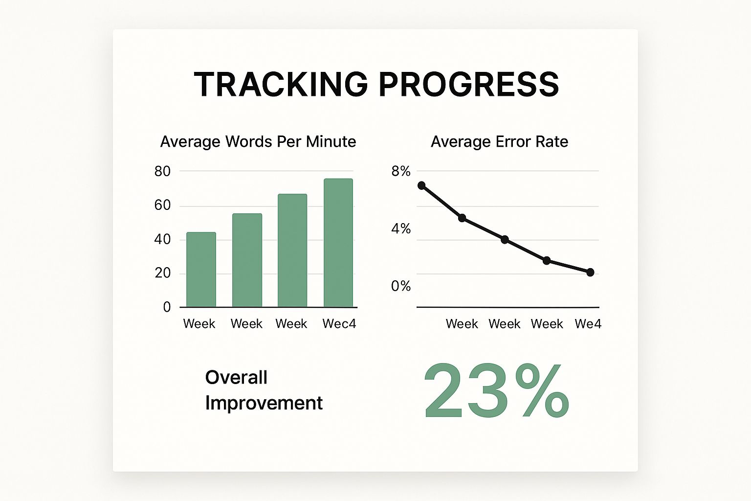 Infographic about how to write faster and better, showing charts for words per minute, error rate, and overall speed improvement.