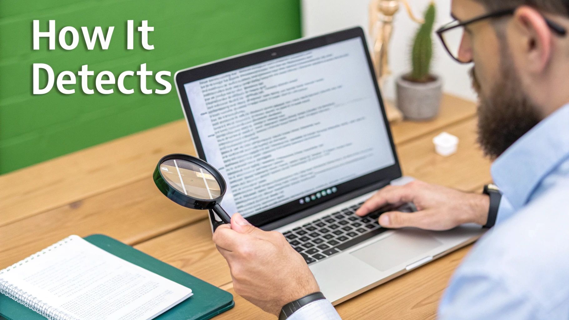 A professional carefully inspecting digital content on a laptop, using a magnifying glass.