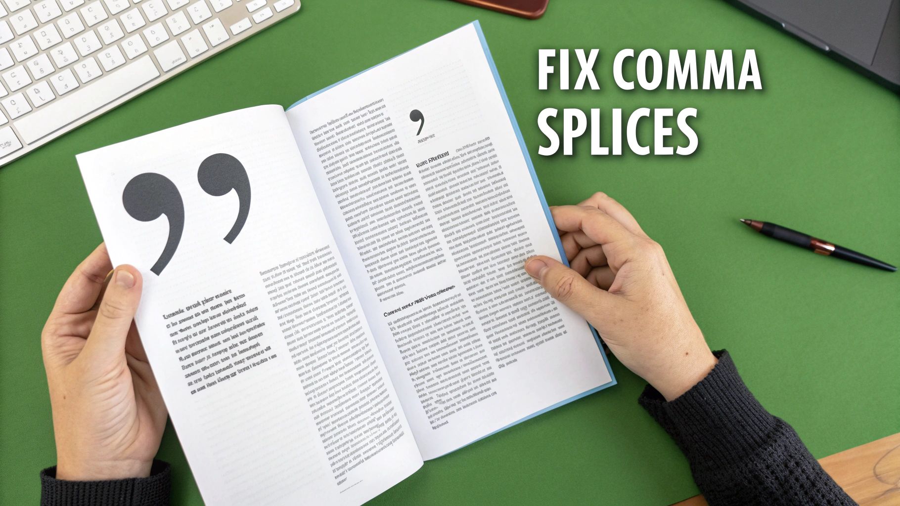 A person holds an open book about fixing comma splices on a green desk with a keyboard and pen.