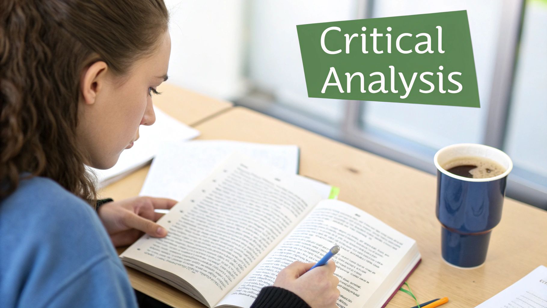 A student reads a textbook and writes notes, with a coffee cup nearby and a 'Critical Analysis' title.