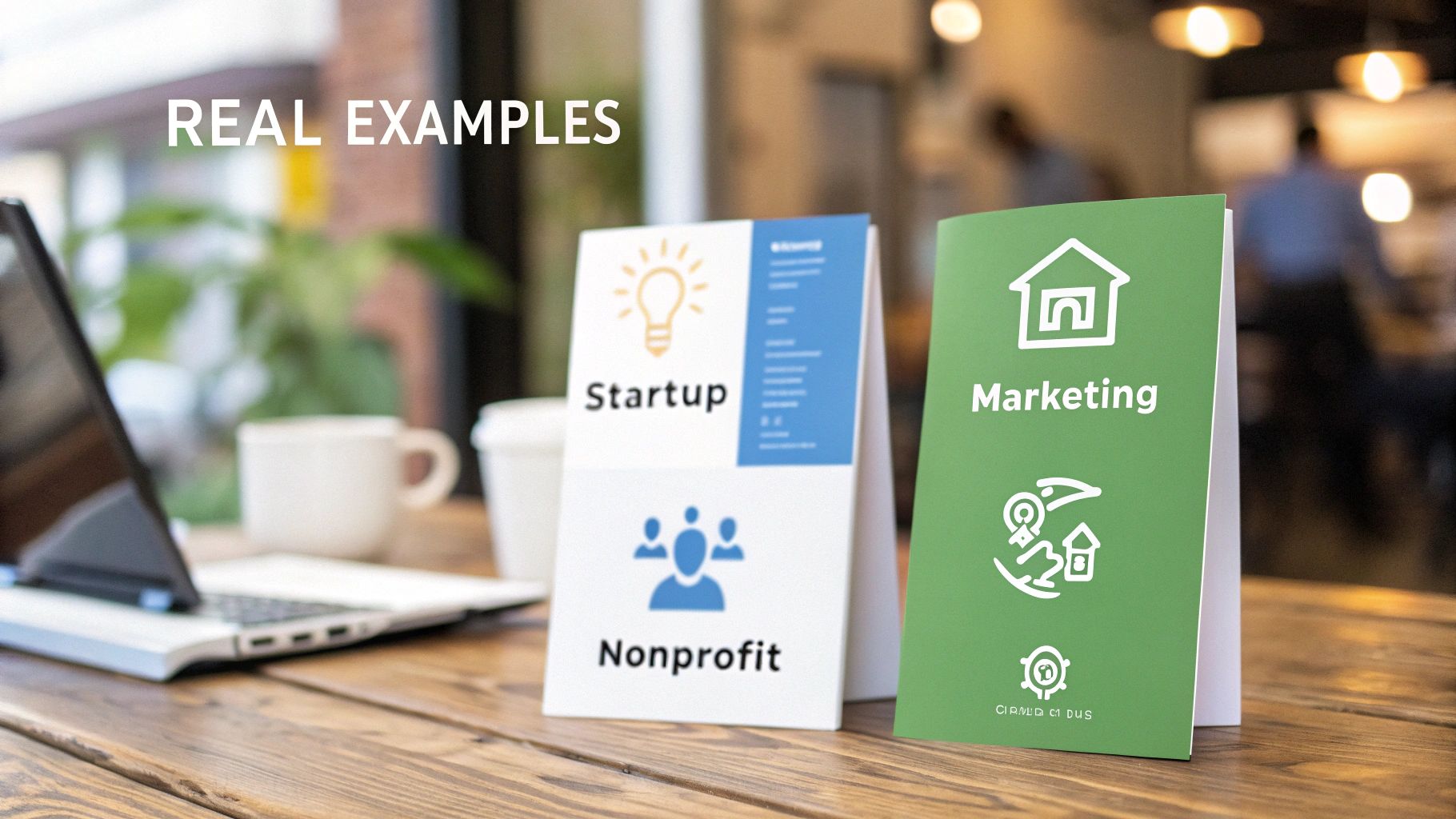 Table tents with 'Startup,' 'Nonprofit,' and 'Marketing' concepts on a wooden desk with a laptop.