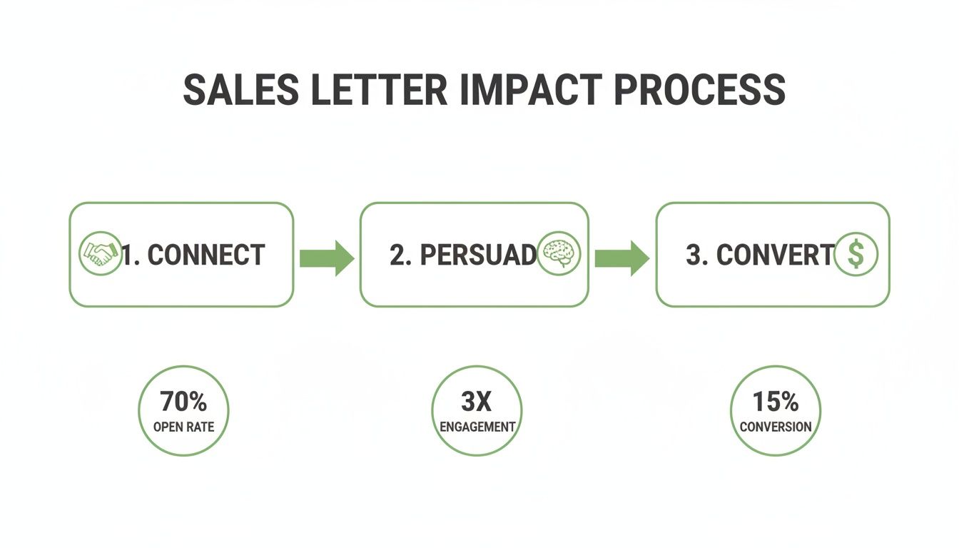 Sales letter impact process diagram showing connect, persuade, and convert steps with metrics.