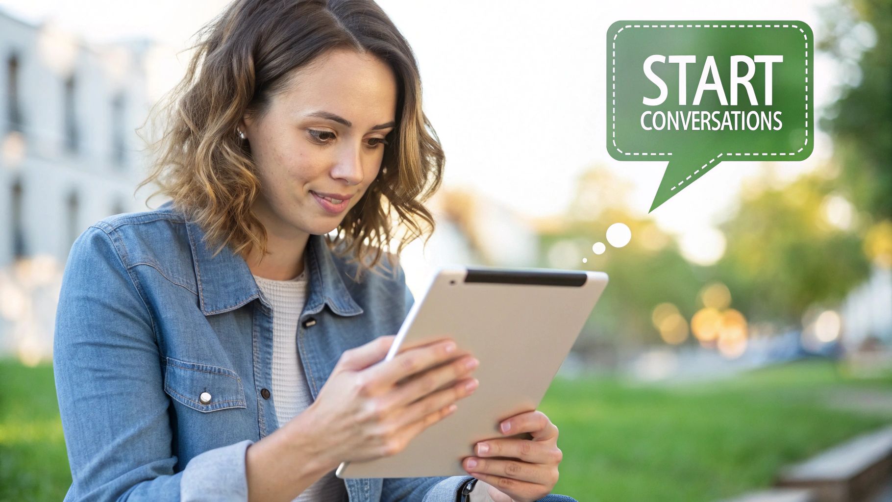 Smiling young woman looks at her tablet with a thought bubble saying 'START CONVERSATIONS'.