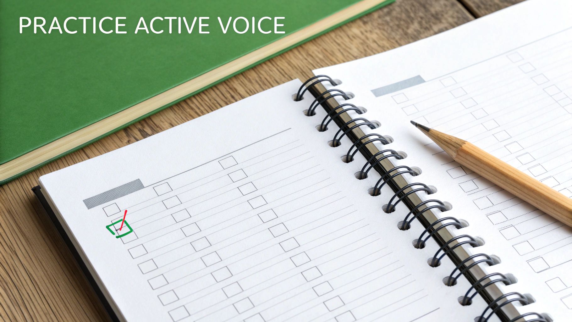 Open spiral notebook with checkboxes, a pencil, and text 'PRACTICE ACTIVE VOICE' on a wooden desk.