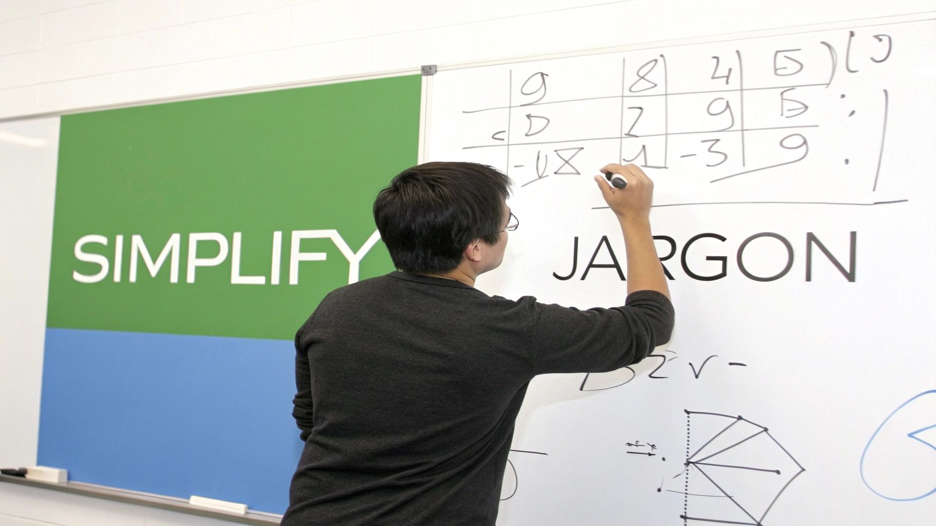 A person looking at a complex diagram and simplifying it on a whiteboard.