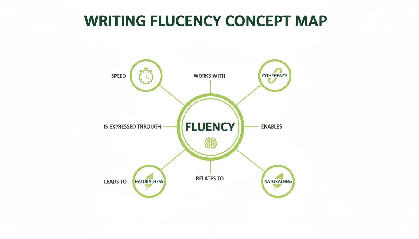 A concept map illustrating writing fluency, connecting it to speed, coherence, and naturalness through various relationships.
