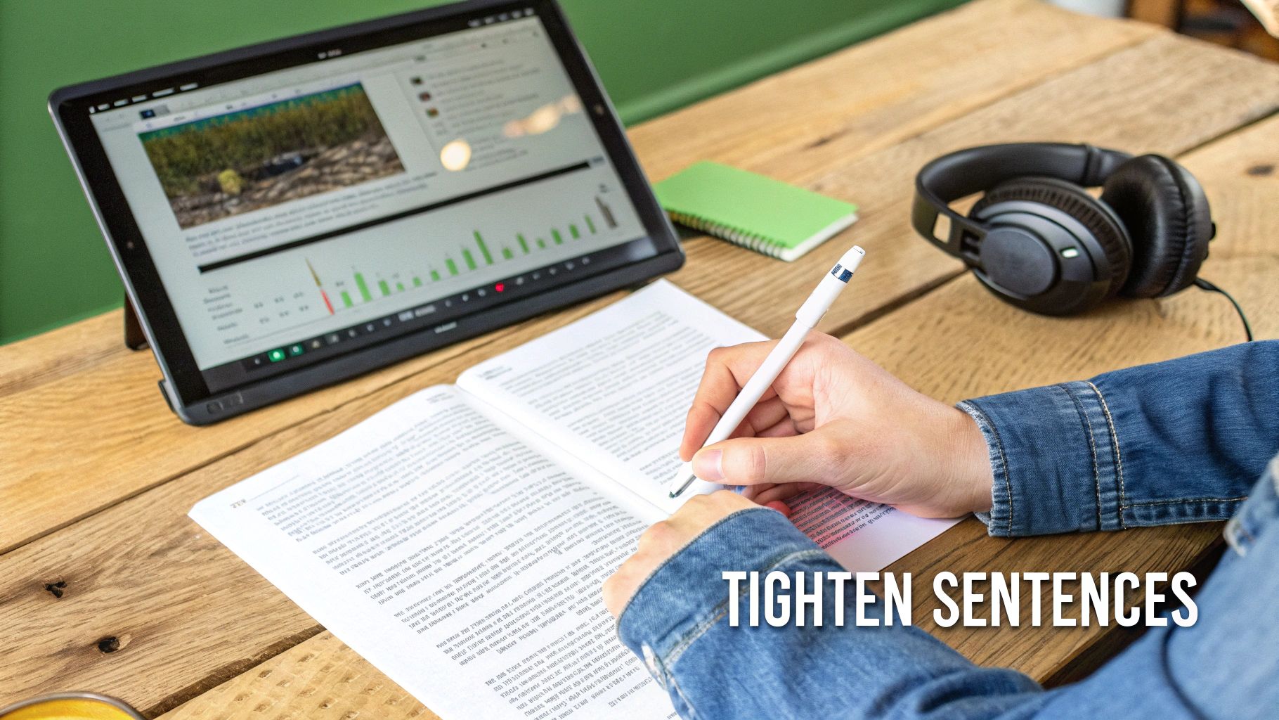 A person highlighting sentences on a page with a pen, focusing on details