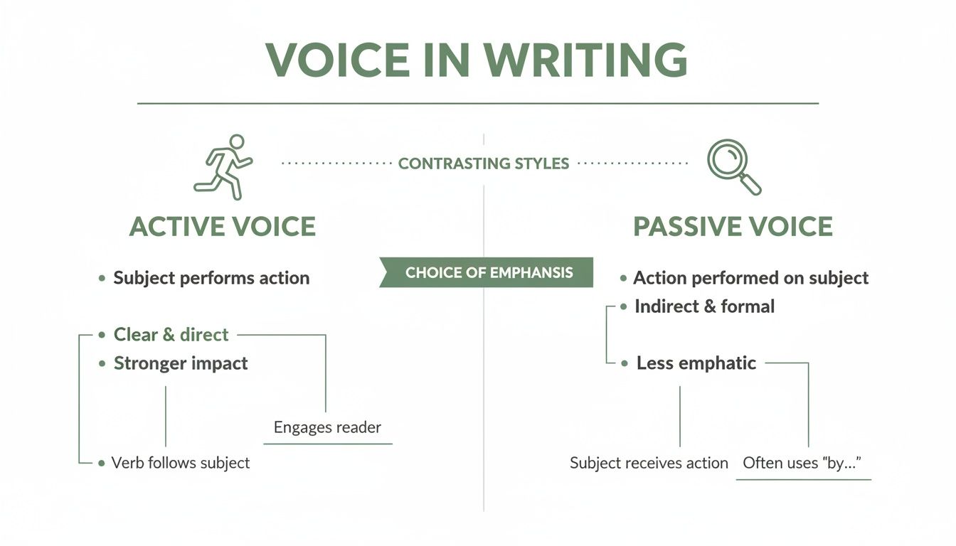 An infographic comparing active and passive voice in writing, detailing their characteristics and impact.