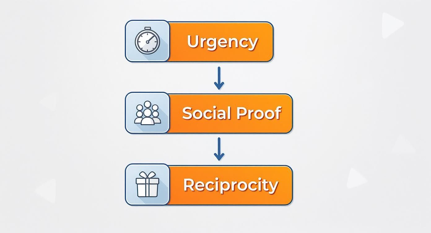 Three-step persuasion framework showing urgency, social proof, and reciprocity principles for effective call to action